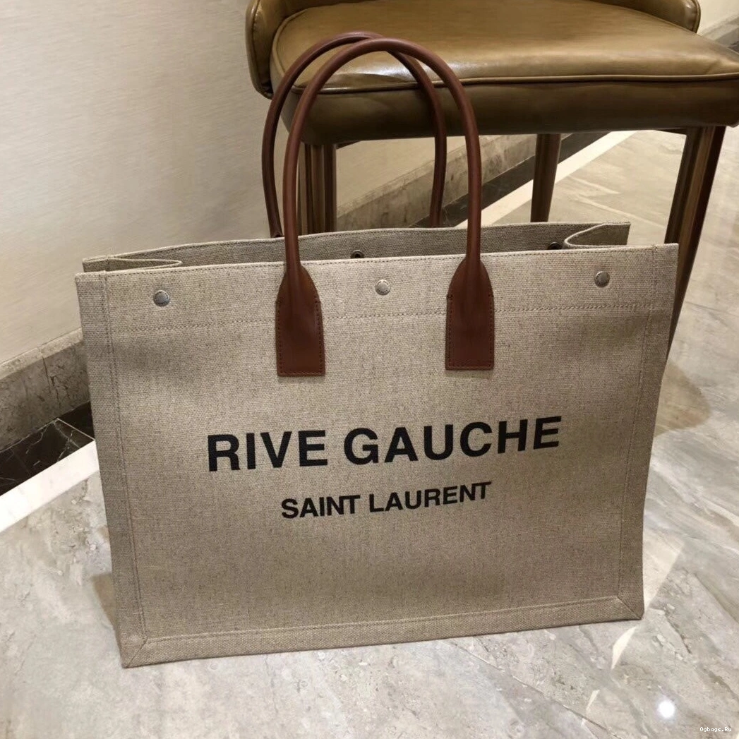YSL GAUCHE LEATHER BAG LINEN TOTE IN AND RIVE PRINTED 0728